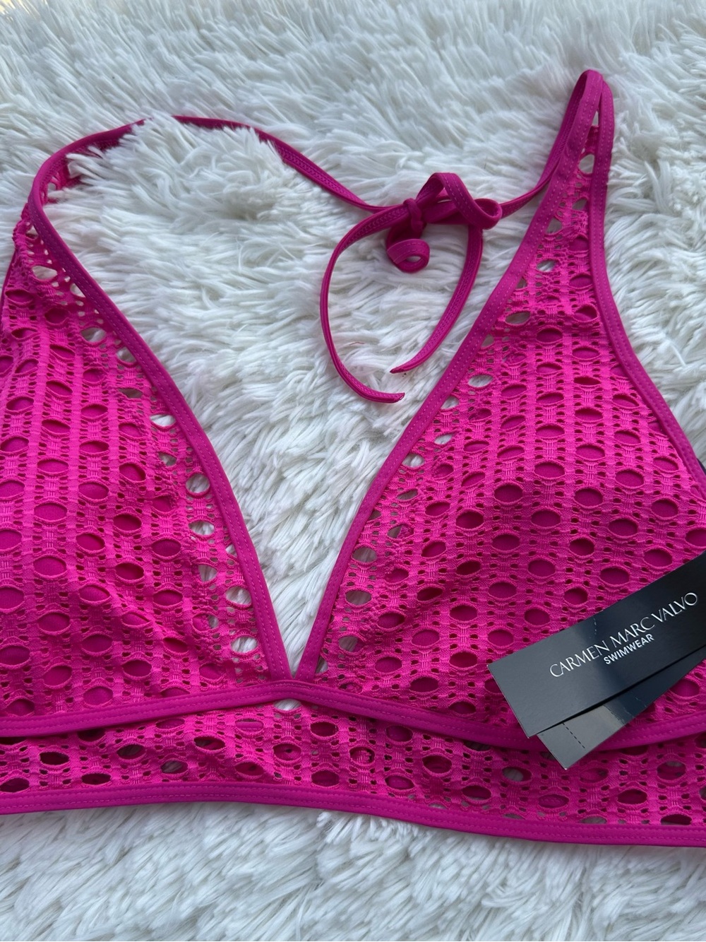 Carmen Marc Valvo Pink Crochet Triangle Bikini Top